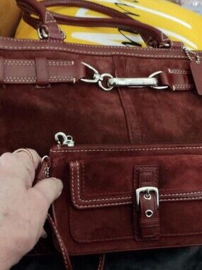 MATCHING SET- Vintage Coach Leather/Suede  Tote & Wristlet in Rich Burgundy Red